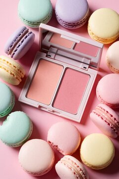 Pastel macarons arranged around a blush palette on pink surface. Sweet treats and makeup create a feminine aesthetic. Gentle colors and soft textures blend for a delightful visual.