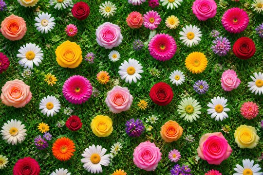 Mixed roses and daisies laid on dense green grass background