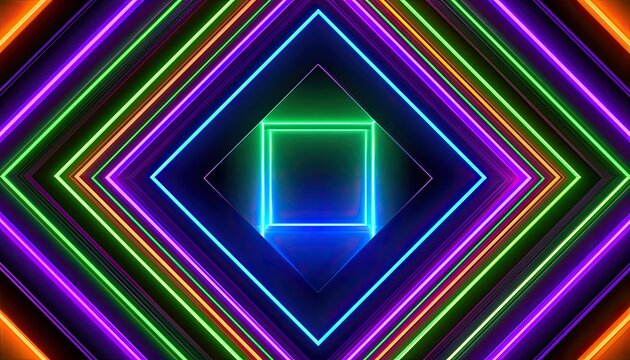 Vibrant neon squares recede into a dark, futuristic portal
