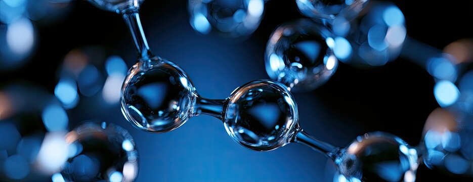 Close-up of glistening molecular structure with blurred blue bokeh