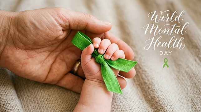 World Mental Health Day awareness ribbon held by adult and baby hands support and empathy