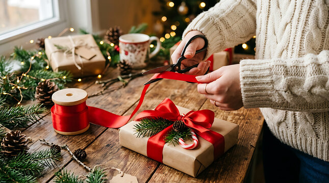 Woman wrapping christmas gift with red ribbon while wearing cozy sweater at home on wooden table with holiday decorations pine cones evergreen branches festive lighting atmosphere and warmth.