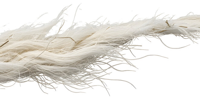 A close up of a frayed white natural fiber rope isolated on a solid black background