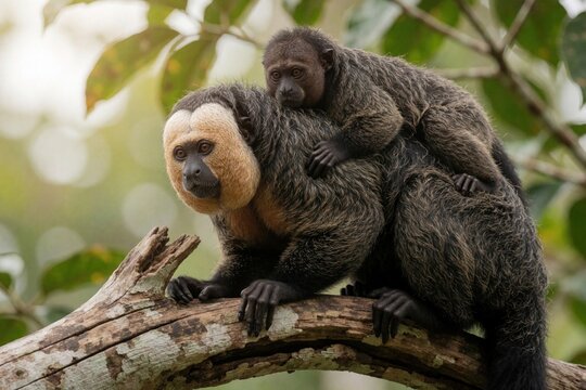 Adult female white-faced saki monkey carries baby on back. Primate pair sits on tree branch in rainforest. Mammals have dark fur light faces curious eyes.
