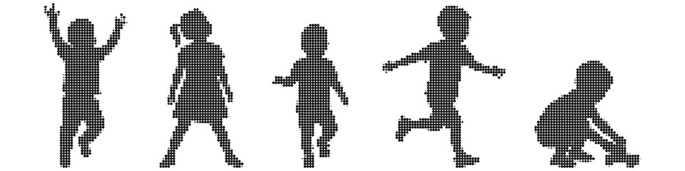Set of five children silhouettes in halftone dot style on transparent backdrop.