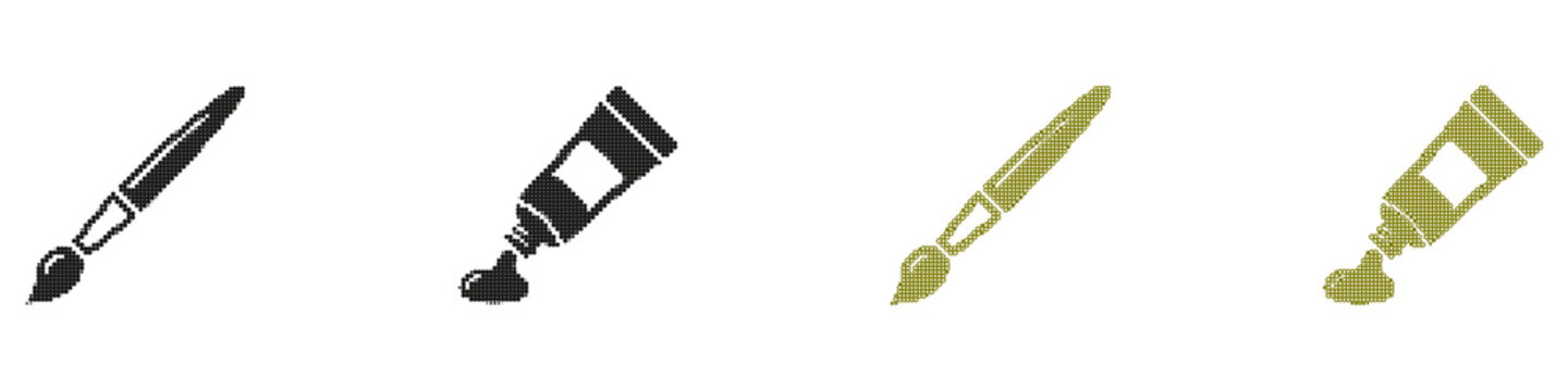 Professional painting tools rendered in a decorative halftone dot graphic style.