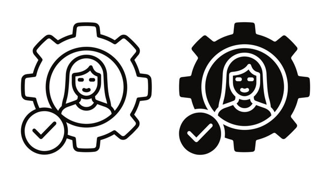 Female employee management icon set featuring woman inside gear with checkmark symbol for human resources skills and professional business optimization