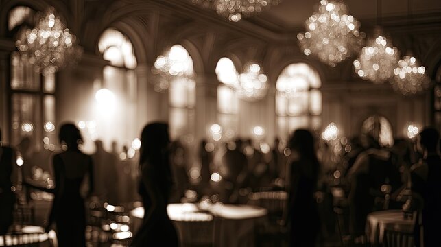 Opulent ballroom scene with blurred figures mingling under sparkling chandeliers