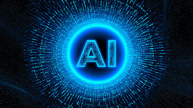 Artificial intelligence concept with glowing blue AI text inside a digital sphere amidst a network of light particles and data flow