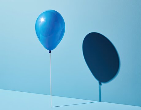 A single, vibrant blue balloon floats against a clean, light blue backdrop, casting a strong shadow