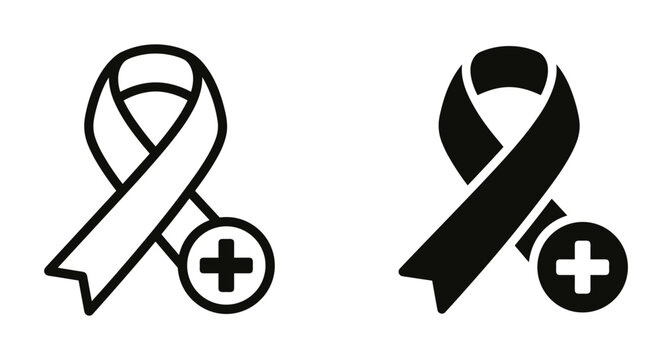 Awareness ribbon icon set with medical plus sign symbol for cancer support healthcare charity organization and disease prevention awareness campaign