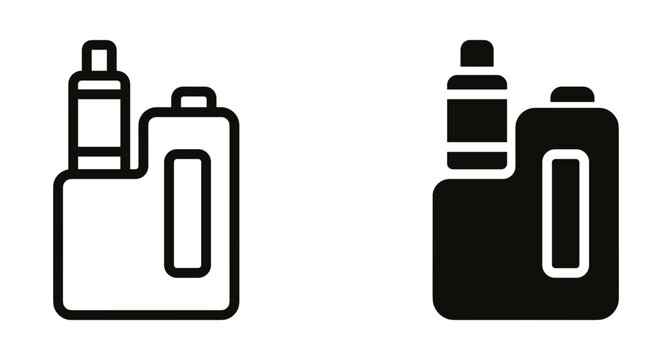 Electronic cigarette vape mod icon set with outline and solid versions for smoking alternative nicotine delivery device graphic design elements