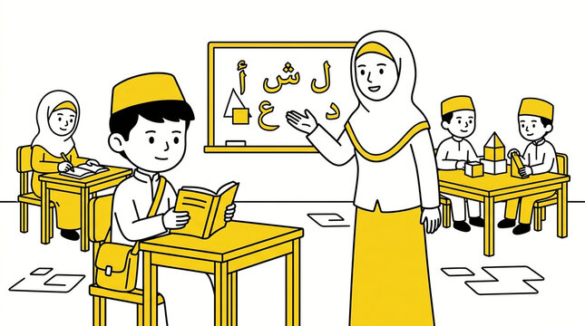 Muslim Teacher and Students Learning Arabic in Classroom