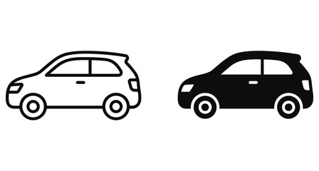 Fototapeta premium Small hatchback car icon set featuring outline and solid silhouette styles for automotive transportation design projects and mobile app interface elements