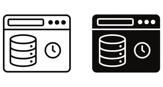 Database backup and scheduled server maintenance icon set featuring browser window with data storage cylinders and clock symbol for web management