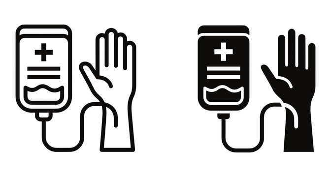 Medical blood transfusion and intravenous therapy icon set featuring IV drip bag connected to human hand in outline and glyph