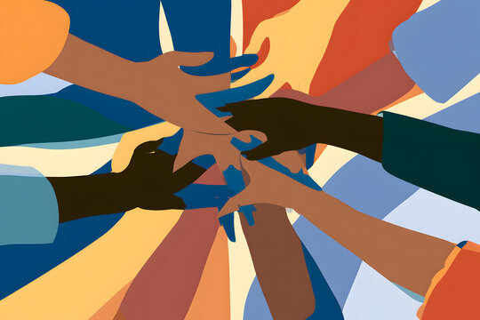 Create an artwork depicting collaboration and teamwork among diverse group members, symbolizing unity and cooperation