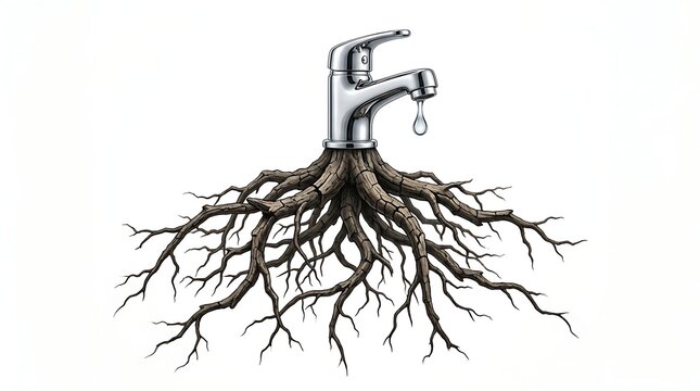 Water faucet with tree roots dripping water droplet conceptual representation of water conservation resource management and environmental ecology isolated on white background