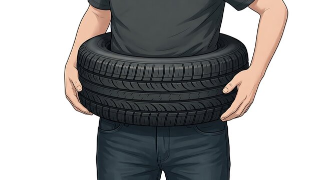 Conceptual vector illustration of a man with a car tire around his waist symbolizing body image pressure, unhealthy lifestyle, obesity stigma, and social issues regarding weight management.
