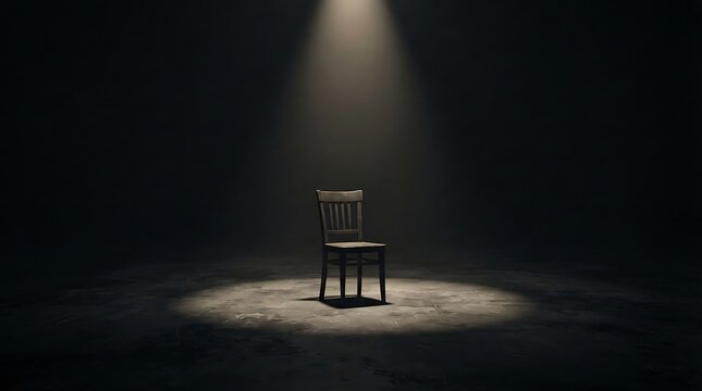 Wooden chair standing under a bright spotlight in a dark room with dramatic illumination and copy space.