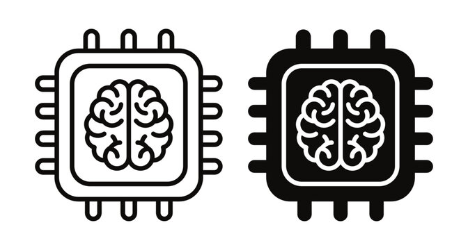 Artificial intelligence computer chip icon set with human brain inside processor representing machine learning neural network and digital cognitive technology