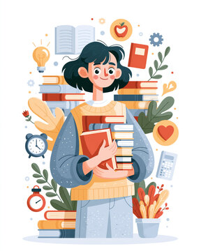 Young woman holding books surrounded by study and learning icons