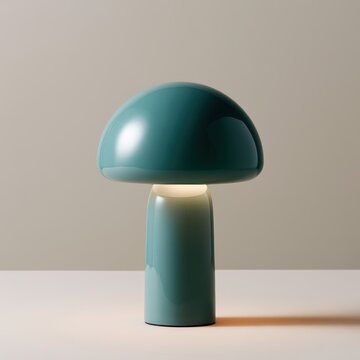 teal mushroom shaped lamp with soft glow, playful modern design object