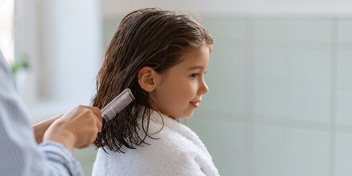 Parent Combing Girl Wet Hair for Lice