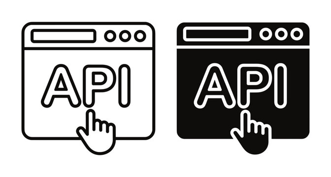 API application programming interface icon set with browser window and hand cursor clicking for software development web services and integration