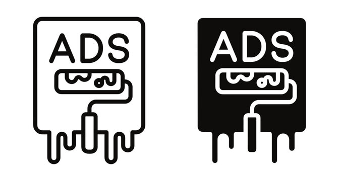 Ad blocking icon set showing paint roller covering advertisement text with dripping paint for digital marketing and content filtering software