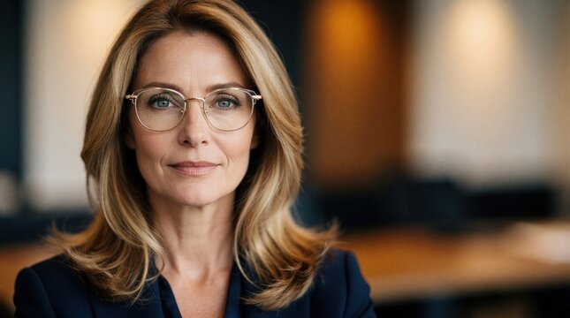Pro woman with blonde hair wears eyeglasses. Confident adult looks at camera with serious expression. Businesswoman in suit jacket with blurred office background. Soft studio lighting highlights face.