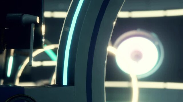 Bright rings and shapes overlap in a modern design setting at night. Lights shine and create a contrast with dark spaces and textures. The scene suggests a focus on design and technology.