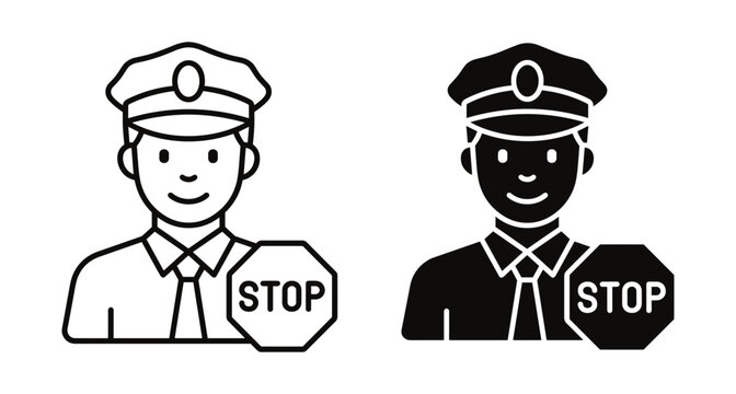 Police officer icon set featuring traffic cop holding stop sign in outline and solid glyph styles for law enforcement safety