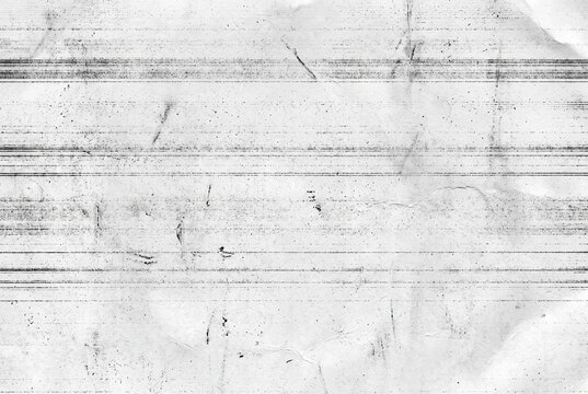 Close-up of distressed white paper with faint wrinkles, stains, scratches and horizontal gray copy machine lines, creating a worn abstract background texture