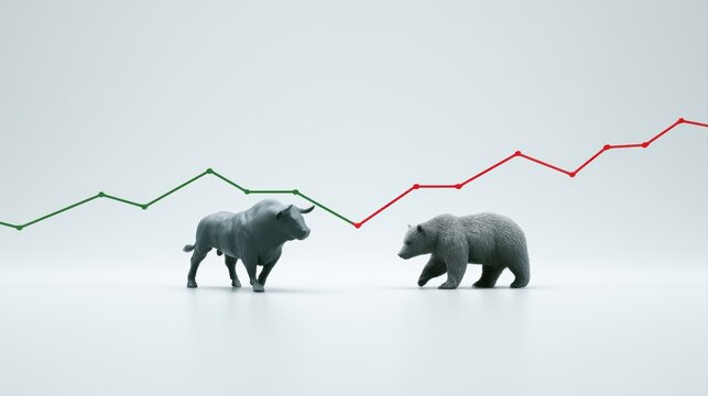 Minimal bullish and bearish stock market concept with green and red trend lines, bull and bear illustration on clean background