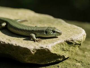 Obraz premium Green lizard rests on mossy rock surface. Reptile with scaly skin looks alertly to side in bright sunlight. Small creature displays detailed scales and claws in natural outdoor setting.