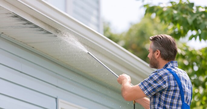 Man cleaning house gutters with water hose