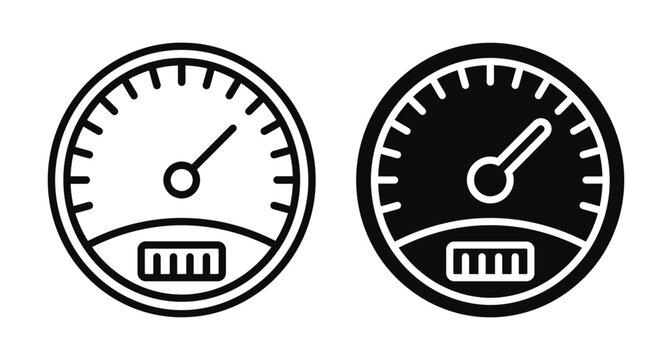 Speedometer icon set showing car dashboard gauge with needle and odometer for measuring speed performance in outline and solid styles