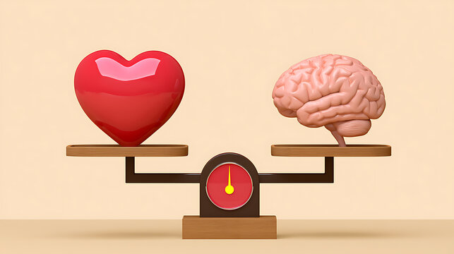 Conceptual image balance between emotion and logic, represented by a heart and a brain on a weighing scale, showing perfect equilibrium