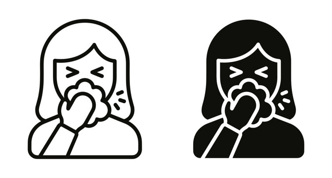 Woman sneezing into tissue icon set representing cold flu symptoms allergy sickness virus infection prevention hygiene healthcare medical sign symbol