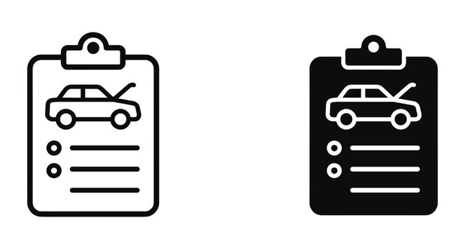 Car repair checklist icon set showing vehicle inspection report with open hood for maintenance service diagnostic and automotive garage documentation
