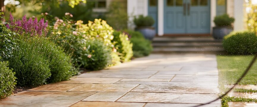 Garden pathway being watered in front yard