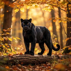 Obraz premium Black panther stands on fallen log in autumn forest. Golden sunlight filters through colorful fall leaves. Predator looks alert with intense yellow eyes among trees.