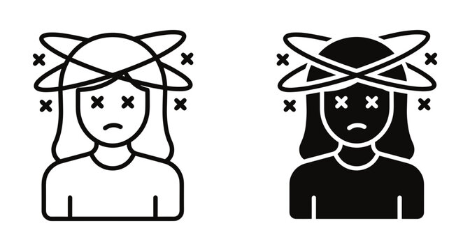 Dizzy woman icon set showing vertigo symptoms with spinning circles around head and cross eyes for medical or health concepts