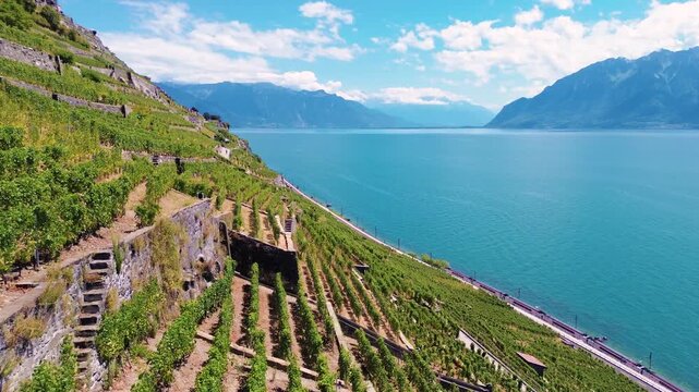 Aerial drone view of Lavaux vineyards overlooking Lake Geneva in Switzerland during summer