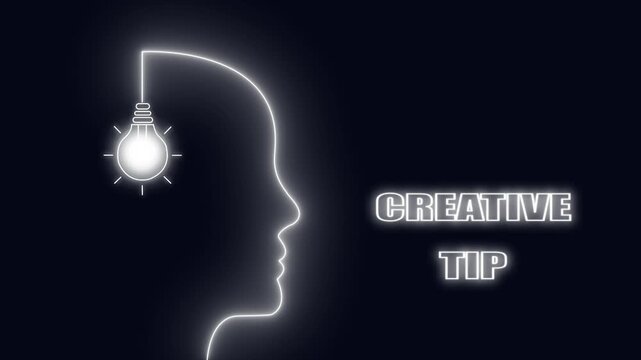 Glowing light bulb in human head outline with text creative tip idea silhouette