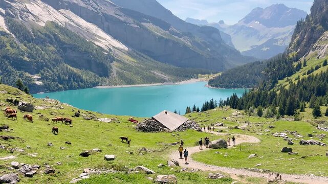 Tourists hiking along the lake with views of the Swiss Alps