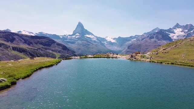 Aerial drone view of a mountain lake along the Five Lakes Trail in the Swiss Alps