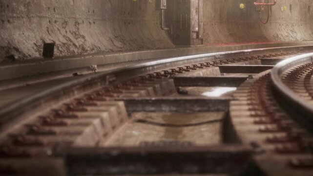 A view of train tracks in a dimly lit underground subway tunnel. The walls display rough textures and the ground has signs of wear. This area has industrial elements.
