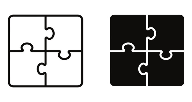 Four piece puzzle icon set showing outline and solid black square shapes for teamwork logic strategy connection and problem solving
